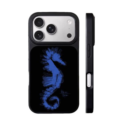Blue textured seahorse artwork signature black bg Phone Case