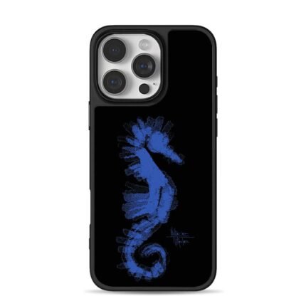 Blue textured seahorse artwork signature black bg Phone Case