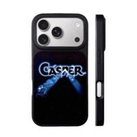 Casper logo with blue ghost characters on starry black background Phone Case