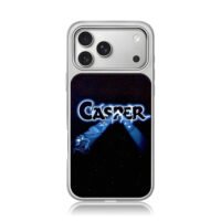 Casper logo with blue ghost characters on starry black background Phone Case