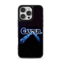 Casper logo with blue ghost characters on starry black background Phone Case