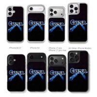 Casper logo with blue ghost characters on starry black background Phone Case