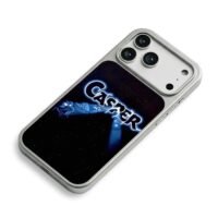 Casper logo with blue ghost characters on starry black background Phone Case