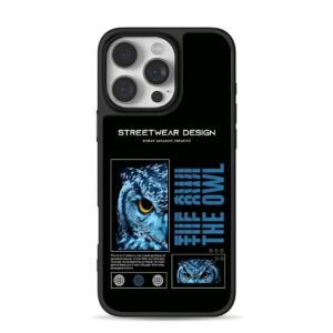 Blue owl half face streetwear print with owl text Phone Case