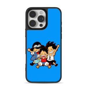 Chibi Luffy Ace Sabo One Piece cheering trio on bright blue background Phone Case