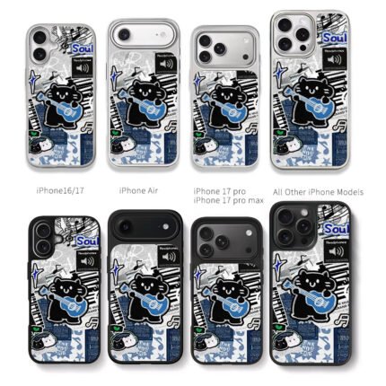 Black cat plays guitar music Chris Brown Phone Case Black Electroplated Silver For Iphone 11 To 17