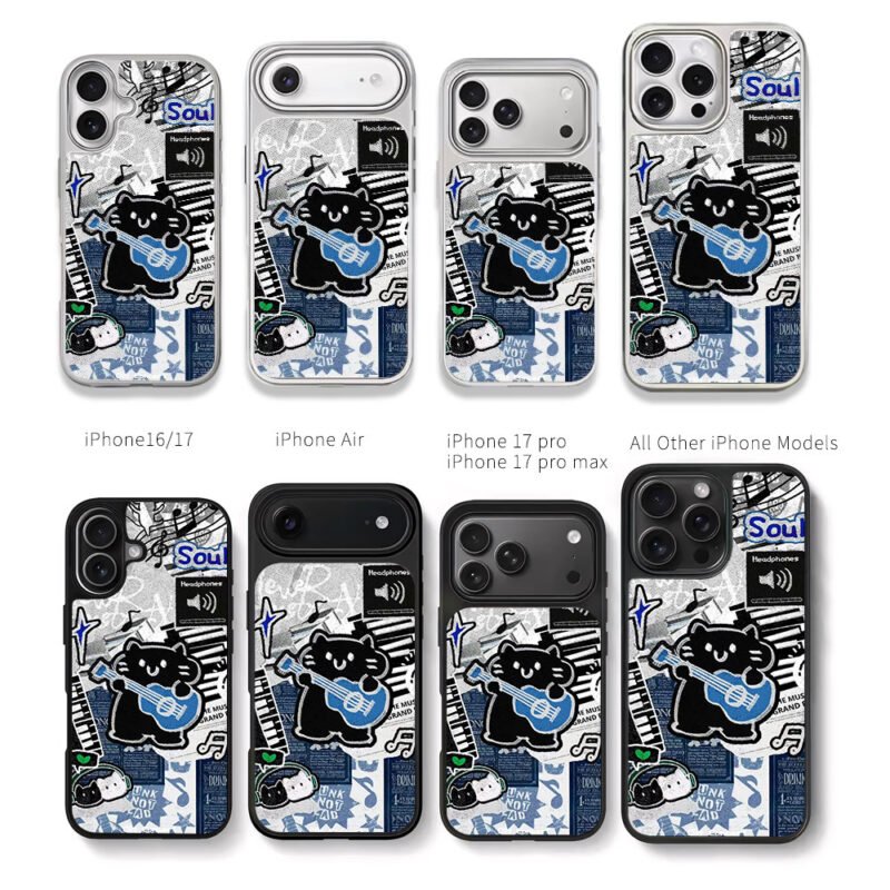 Black cat plays guitar music Chris Brown Phone Case Black Electroplated Silver For Iphone 11 To 17