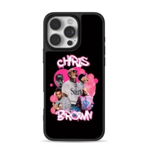 Chris Brown photo collage with pink graffiti lettering and pink bubbles iPhone 16 Pro Max Black Case