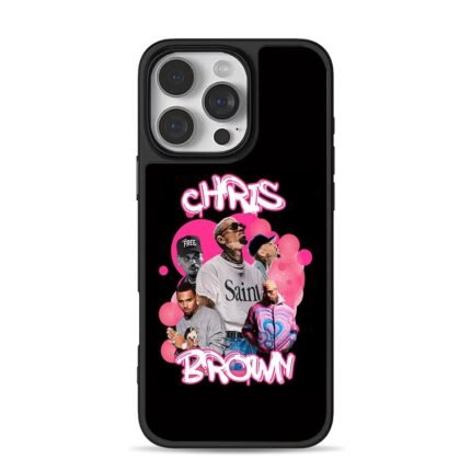 Chris Brown photo collage with pink graffiti lettering and pink bubbles iPhone 16 Pro Max Black Case