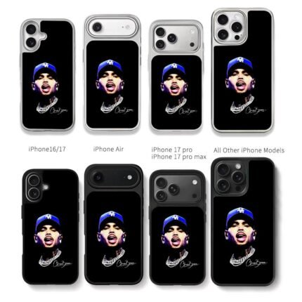 Chris Brown portrait blue LA cap diamond chain and his signature Chris Brown Phone Case Black Electroplated Silver For Iphone 11 To 17