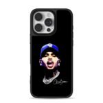 Chris Brown portrait blue LA cap diamond chain and his signature iPhone 16 Pro Max Black Case