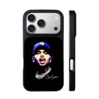 Chris Brown portrait blue LA cap diamond chain and his signature iPhone 17 Pro Max Black Case