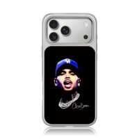 Chris Brown portrait blue LA cap diamond chain and his signature iPhone 17 Pro Max Electroplated Silver Case1