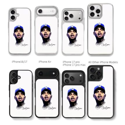Chris Brown portrait with LA cap and his signature Chris Brown Phone Case Black Electroplated Silver For Iphone 11 To 17