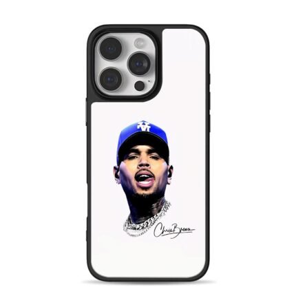 Chris Brown portrait with LA cap and his signature iPhone 16 Pro Max Black Case