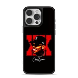 Chris Brown smiling portrait with red XX and his signature print iPhone 16 Pro Max Black Case