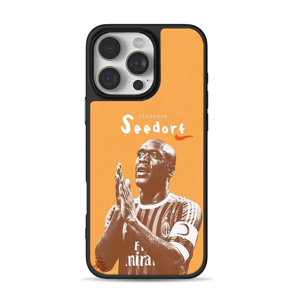 Clarence Seedorf AC Milan clasped hands on orange iPhone 16 Pro Max Black Case Clarence Seedorf AC Milan clasped hands on orange Phone Case for iPhone 11-17 & Samsung Galaxy S24-S26 - Image 1