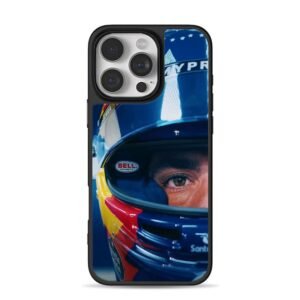 Closeup of F1 driver wearing Bell branded racing helmet iPhone 16 Pro Max Black Case