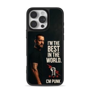 CM Punk portrait with Im the best in the world slogan and wrapped fist logo iPhone 16 Pro Max Black Case