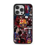 Collage featuring Lionel Messi FC Barcelona logo and Spider man graphics iPhone 16 Pro Max Black Case