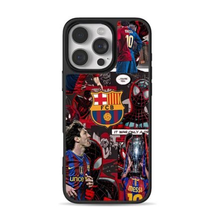 Collage featuring Lionel Messi FC Barcelona logo and Spider man graphics iPhone 16 Pro Max Black Case