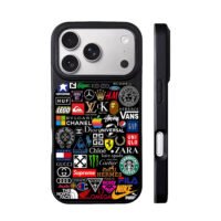 Collage of famous brand logos on black background iPhone 17 Pro Max Black Case