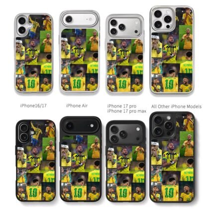 Collage of Neymar Jr in Brazil national soccer jersey 10 Chris Brown Phone Case Black Electroplated Silver For Iphone 11 To 17