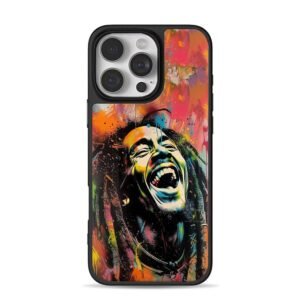 Colorful graffiti art of laughing Bob Marley with dreadlocks iPhone 16 Pro Max Black Case