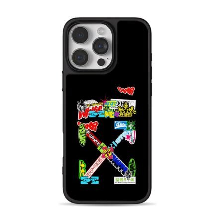 Colorful Off White brand graffiti sticker collage iPhone 16 Pro Max Black Case