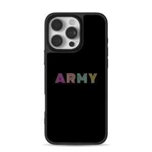 Colorful striped BTS ARMY on black background iPhone 16 Pro Max Black Case