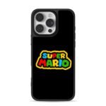 Colorful Super Mario block letter logo with yellow border iPhone 16 Pro Max Black Case
