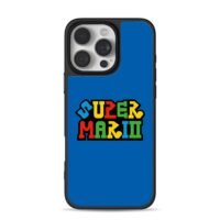 Colorful Super Mario retro text logo on blue background iPhone 16 Pro Max Black Case