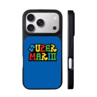 Colorful Super Mario retro text logo on blue background iPhone 17 Pro Max Black Case