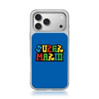 Colorful Super Mario retro text logo on blue background iPhone 17 Pro Max Electroplated Silver Case1