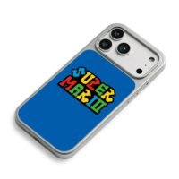 Colorful Super Mario retro text logo on blue background iPhone 17 Pro Max Electroplated Silver Case2
