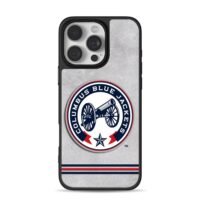 Columbus Blue Jackets logo with cannon and star on silver textured background iPhone 16 Pro Max Black Case