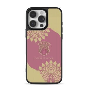 Coral peacock pattern on pink beige art deco background iPhone 16 Pro Max Black Case