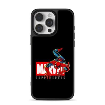 Crawling Spider-Man with Marvel Superheroes logo iPhone 16 Pro Max Black Case