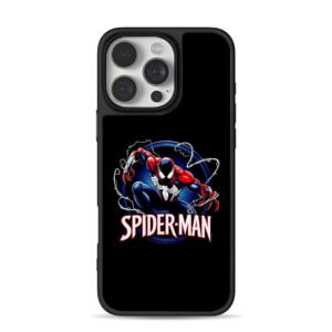 Crouching Spider-Man with webs and SPIDER-MAN text iPhone 16 Pro Max Black Case