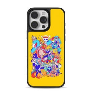 Cute One Piece Straw Hat Crew chibi art on yellow iPhone 16 Pro Max Black Case