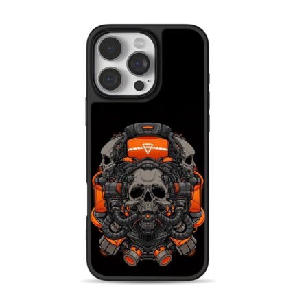 Cyberpunk mechanical tri skulls orange tech art iPhone 16 Pro Max Black Case