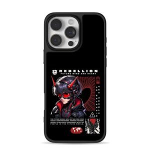Cyberpunk oni cyborg anime girl rebellion art iPhone 16 Pro Max Black Case