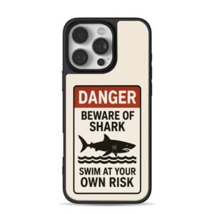 Danger beware of shark sign with shark wave art iPhone 16 Pro Max Black Case