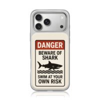 Danger beware of shark sign with shark wave art iPhone 17 Pro Max Electroplated Silver Case1