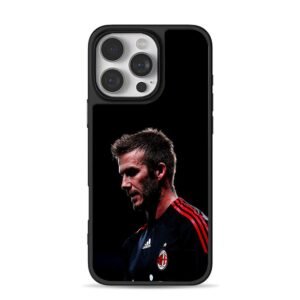 David Beckham wearing AC Milan football jersey on black background iPhone 16 Pro Max Black Case