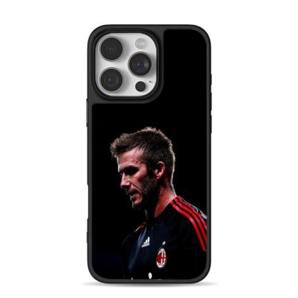 David Beckham wearing AC Milan football jersey on black background iPhone 16 Pro Max Black Case