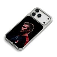 David Beckham wearing AC Milan football jersey on black background iPhone 17 Pro Max Electroplated Silver Case2