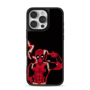 Deadpool Marvel superhero dual katanas pointing gesture black background iPhone 16 Pro Max Black Case