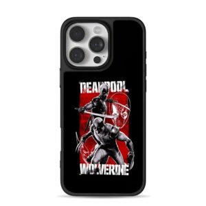 Deadpool with swords and Wolverine with claws artwork iPhone 16 Pro Max Black Case