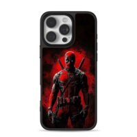 Deadpool with two katanas on dark red grunge backdrop iPhone 16 Pro Max Black Case